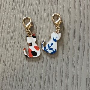 Cat Charm Zipper Pulls - White Enamel with Blue Floral & Multicolor Spots